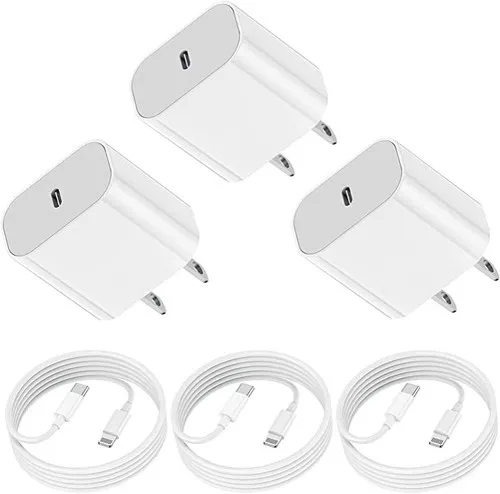 3-Pack 20W Fast Charging Charger Block with Apple MFI Certified USB C to Lightning Cable. Compatible with iPhone and iPad.