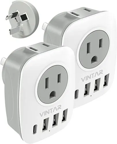 6-in-1 Type I Plug Adapter with 1 USB-C and 3 USB Ports for US to Australia, Argentina, China. 2 American Outlets. VINTAR Travel Adapter.