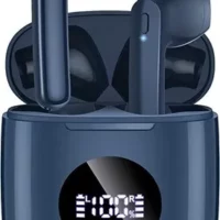 Wireless V5.3 Bluetooth earbuds with 50-hour battery life, LED power display, deep bass, IPX7 waterproofing, and mic for TV and smartphone.