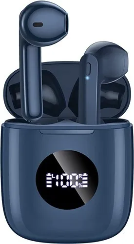 Wireless V5.3 Bluetooth earbuds with 50-hour battery life, LED power display, deep bass, IPX7 waterproofing, and mic for TV and smartphone.
