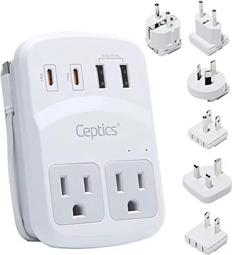 Travel the world with ease using Ceptics World Travel Adapter Kit - perfect for laptops, with surge protection and multiple outlet compatibility.