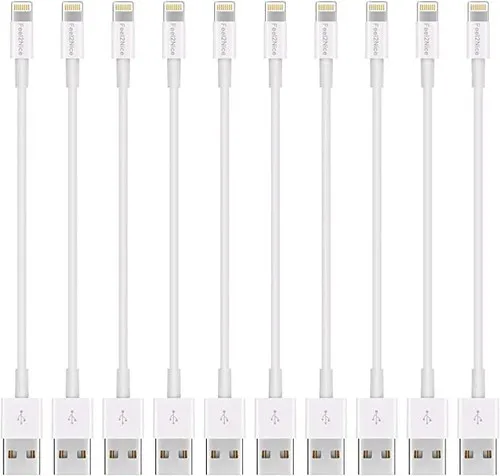 FEEL2NICE Short Lighting Cable, 10 Pack 7-Inch Fast Charger for iPhone, iPad and iPod in White - Sync and Charge on the Go!