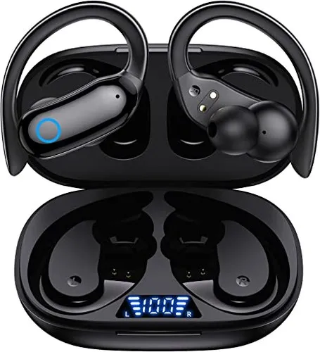 Wireless Earbuds with 48hrs Playback - IPX7 Waterproof - Over-Ear Stereo Bass - Sports/Workout/Gym - Black