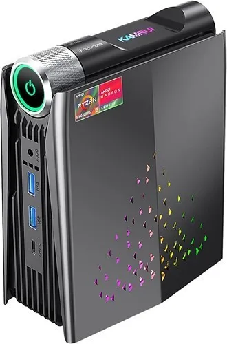 Gaming PC with AMD Ryzen 5 5600U, 16GB RAM, 512GB SSD, and Radeon Vega 7 Micro Desktop. Upgradable and equipped with RGB lighting.