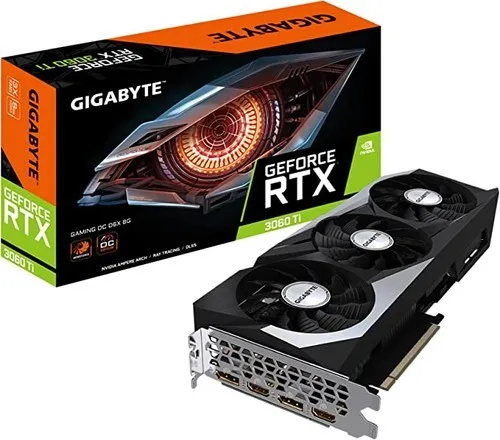 Gigabyte GeForce RTX 3060 Ti Gaming OC D6X 8G Graphics Card - High-performance video card with 3X WINDFORCE Fans and 8GB GDDR6X.