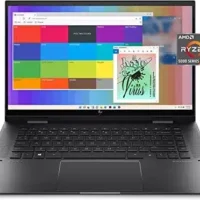HP ENVY x360 Convertible Laptop with Ryzen 7, Radeon Graphics, 8GB RAM, 512GB SSD, Windows 11 Home in Nightfall Black.