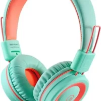 Kids headphones - Foldable stereo headset for iPad/Kindle. Tangle-free, on-ear design. Perfect for travel and school. (Mint/Coral)