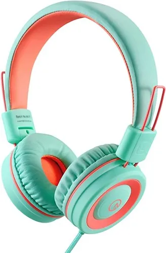 Kids headphones - Foldable stereo headset for iPad/Kindle. Tangle-free, on-ear design. Perfect for travel and school. (Mint/Coral)