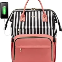 Stylish LOVEVOOK pink striped backpack with USB charging port - ideal for women teachers, nurses, and professionals on the go.
