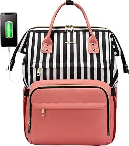 Stylish LOVEVOOK pink striped backpack with USB charging port - ideal for women teachers, nurses, and professionals on the go.