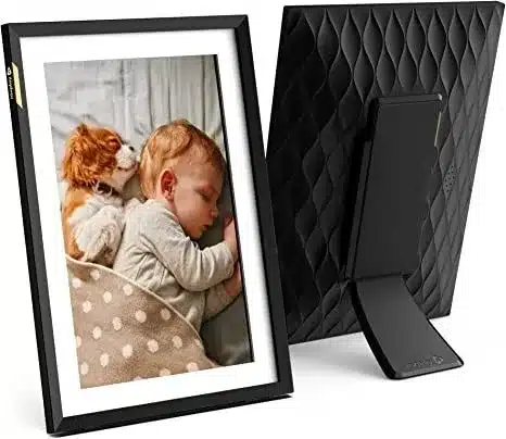 Smart digital photo frame with 10.1 inch touch screen, WiFi, and unlimited cloud storage. Share photos instantly via email or app.