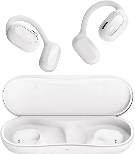 Oladance Bluetooth 5.2 wireless earbuds for Android and iPhone. Open-back design, dual 0.650 in dynamic driver, 16h playback, waterproof. White cloud.