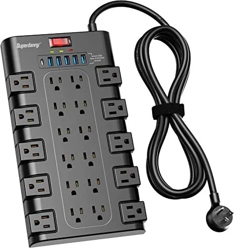 Power up your space with SUPERDANNY Surge Protector - 22 AC Outlets, 6 USB Ports, 1875W/15A, 2100 Joules, 6.5Ft Extension Cord. Black.
