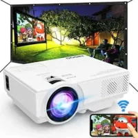 WiFi-enabled 8500 L projector w/ 100-inch screen. Syncs w/ smartphone for 1080P entertainment. Perfect for outdoor movies at home. 2023 update.
