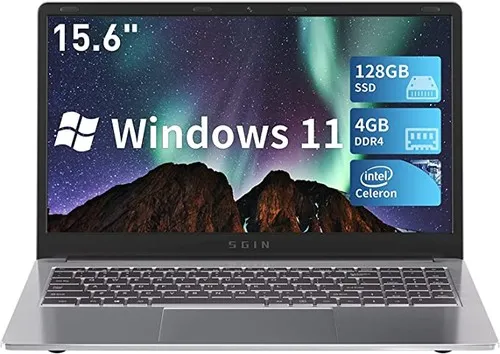 Powerful SGIN Laptop: 15.6 Display, 4GB RAM, 128GB SSD, Windows 11, Celeron N4020, Mini HDMI, WiFi 2.4/5.0G, USB 3.0, Expandable 512GB TF (Silver).