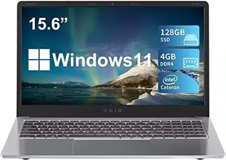 SGIN 15.6 inch Laptop with DDR4, 128GB SSD and Windows 11. Expandable storage up to 512GB, Mini HDMI, 2.4/5.0 G WiFi, and more.