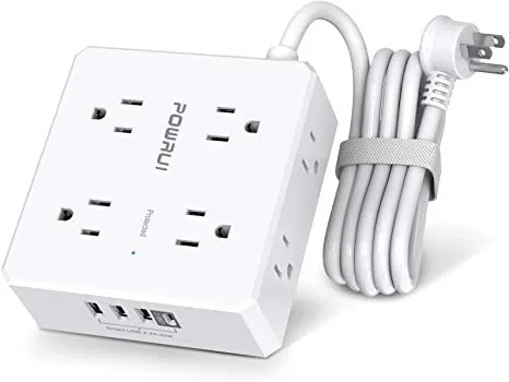 Surge protector power strip with 8 outlets, 4 USB ports (1 USB-C), and 6ft extension cord. Ideal for home and office use. ETL listed.