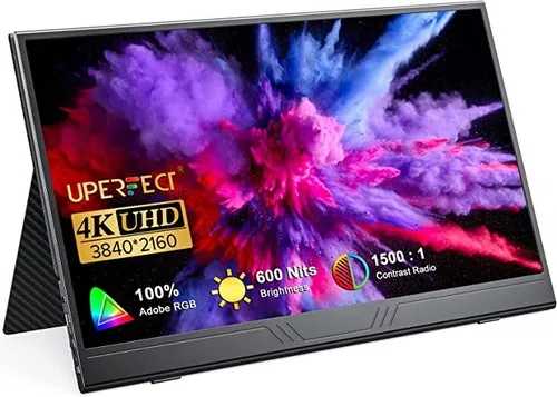 High-Quality UPERFECT 4K Portable Monitor: Stunning Visuals, Arch Metal Frame, HDR, FreeSync, USB-C Connectivity.