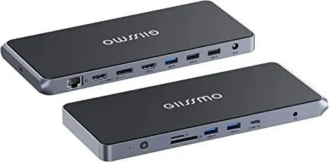 GIISSMO 13-in-1 USB-C Docking Station for Dual Monitors: Dual 4K HDMI/DisplayPort, 20W Charging, RJ45, USB, Audio, TF/SD (Black)