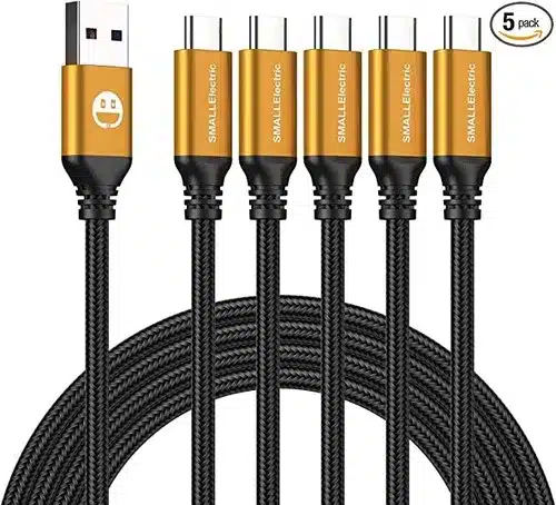 Gold Braided 6ft USB-C Cable 5pack - Fast Charge Galaxy S10 S9 S8 Plus, Note 10 9 8, LG V50 V40 G8 G7