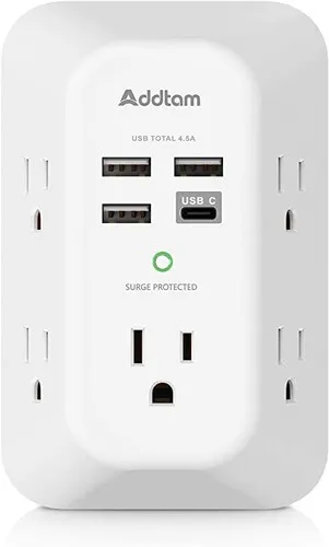 USB charger power strip with surge protection and multiple outlets for home, travel, and office use. ETL Listed.