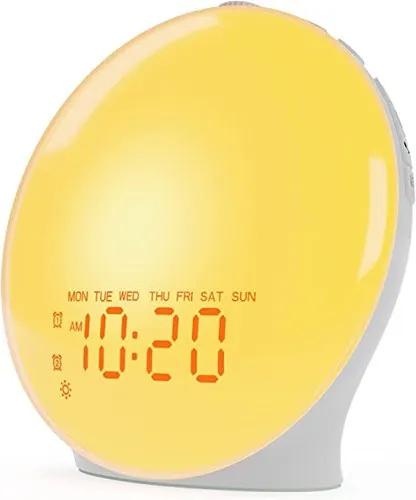 Kid-friendly Sunrise Alarm Clock with Dual Alarms, FM Radio, and Colorful Lights. Perfect Gift for Heavy Sleepers.