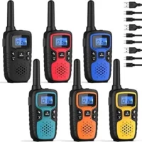Long range rechargeable 2 way radios with accessories for hiking, camping & kids. Includes lamp, SOS siren, NOAA weather alert, and VOX.