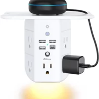 Convenient and Versatile Power Hub with Shelf, Night Light, and USB Charging - Wall Outlet Extender.