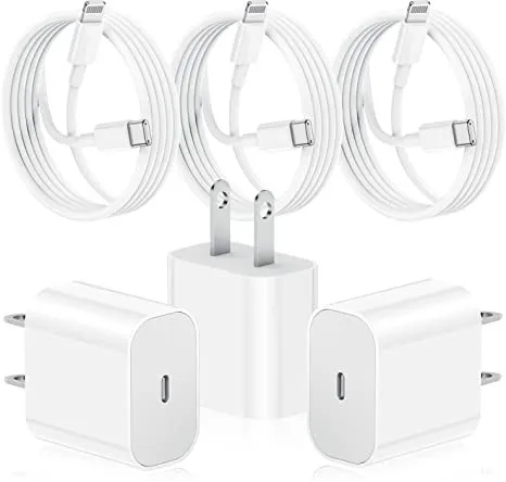 iPhone 13 Fast Charger Kit: MFi Certified, 3Pack 20W PD Adapter with 6 FT USB-C to Lightning Cables.