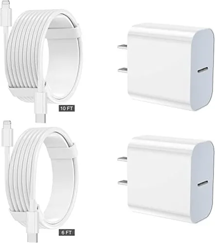 Fast charging iPhone charger kit with Apple MFi certification - 2 pack Type C wall charger block and long USB C to lightning cable.